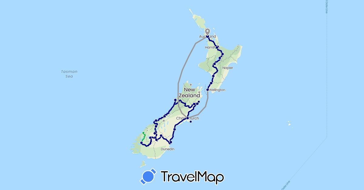 TravelMap itinerary: driving, bus, plane, cycling, boat in New Zealand (Oceania)